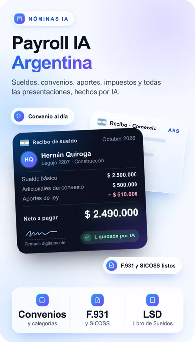 Recibo de sueldo de Argentina liquidado por la IA de Employ, con F.931 y SICOSS listos